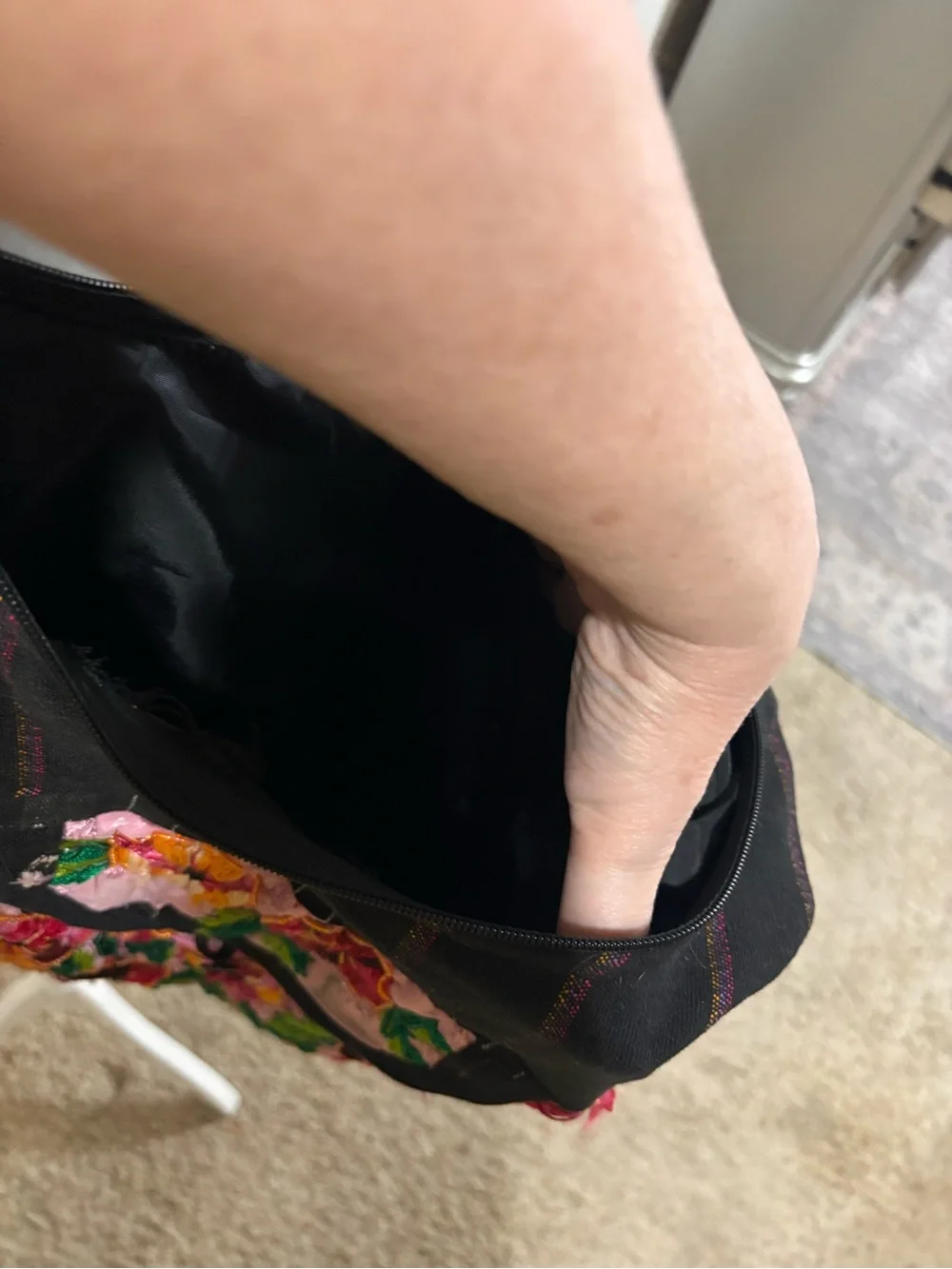 Embroidered Floral Black Hobo Bag with Pink Accents